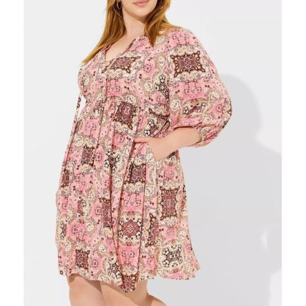 Torrid Babydoll Dress Plus Size 00 Pink Paisley Print V Neck Casual Boho
